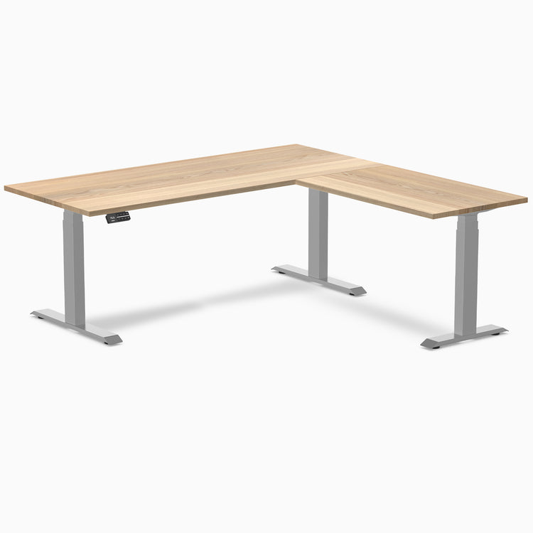 Electric l-shape hardwood sit stand desk white ash hardwood - Desky