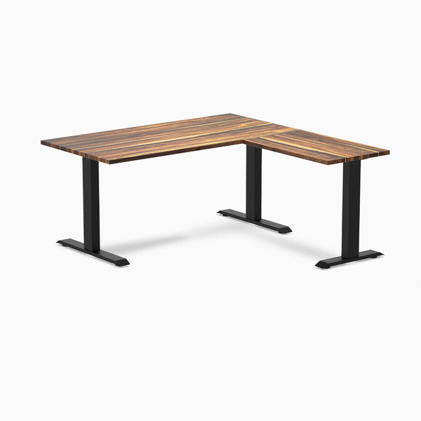 Desky Zero Hardwood L-Shape Office Desk, Pheasantwood desktop, Matte Black frame